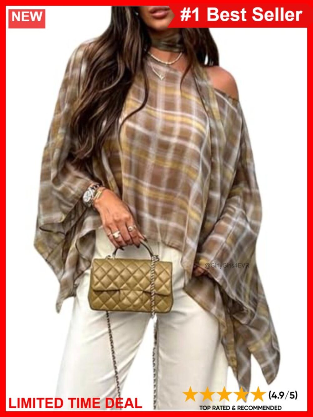Plaid Off Shoulder Asymmetric Poncho Top Long Sleeve Loose Fit